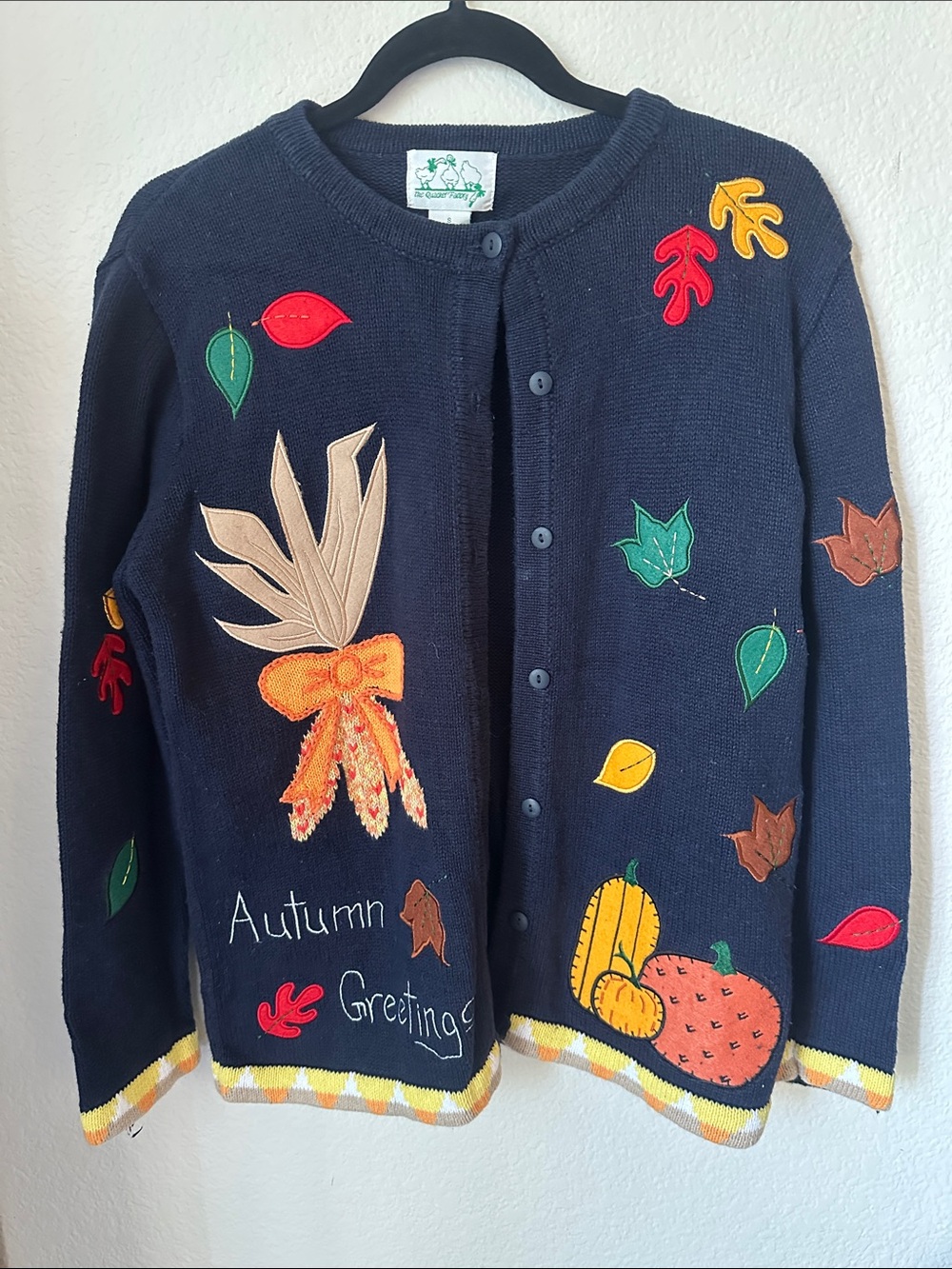 Navy Autumn Appliqué Button-Front Cardigan Sweater